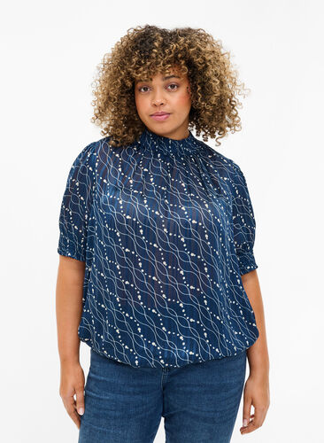  Smock-blouse met korte mouwen en print, Dress Bl. Swirl AOP, Model image number 0