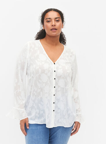 Chemise à manches longues avec look jacquard, Bright White, Model image number 0