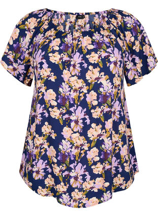 Gestreepte blouse van viscose met korte mouwen, Small Flower AOP, Packshot image number 0