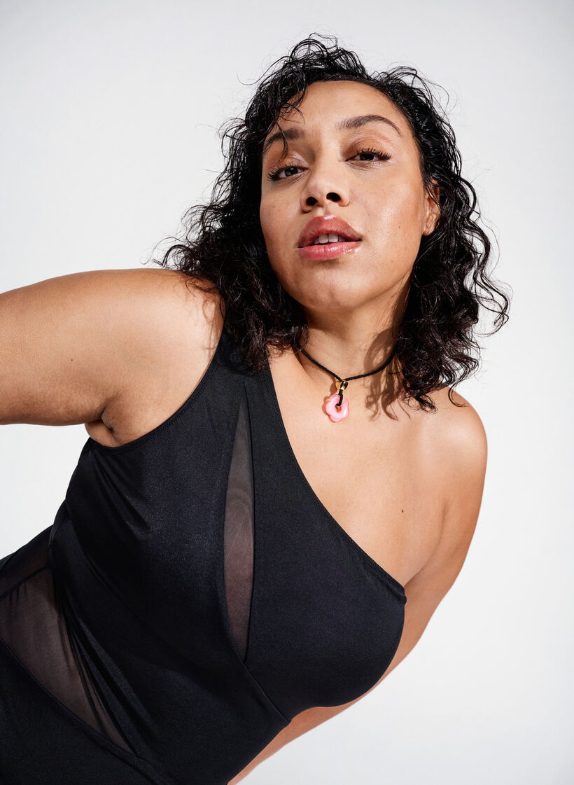 Maillot de bain uni-&eacute;paule en maille, Black, Image image number 0