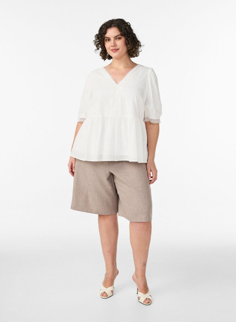 Blouse van gestructureerd katoen met crochet details, Wit, Model image number 1