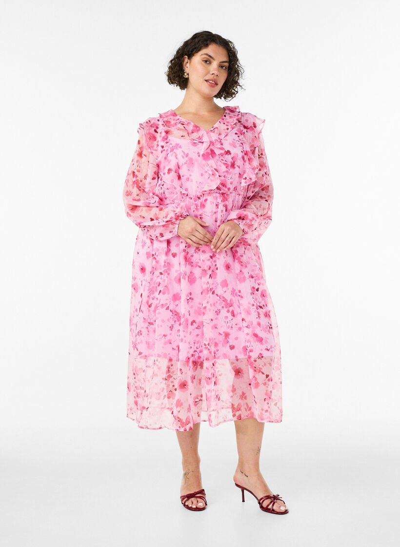 Robe en chiffon fleuri avec volants et manches longues, Rose, Model image number 0