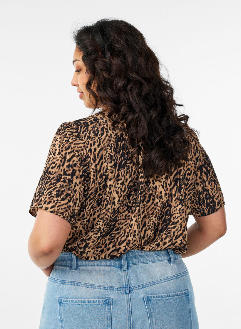 Blouse met korte mouwen en v-halslijn, Bruin, Model image number 2