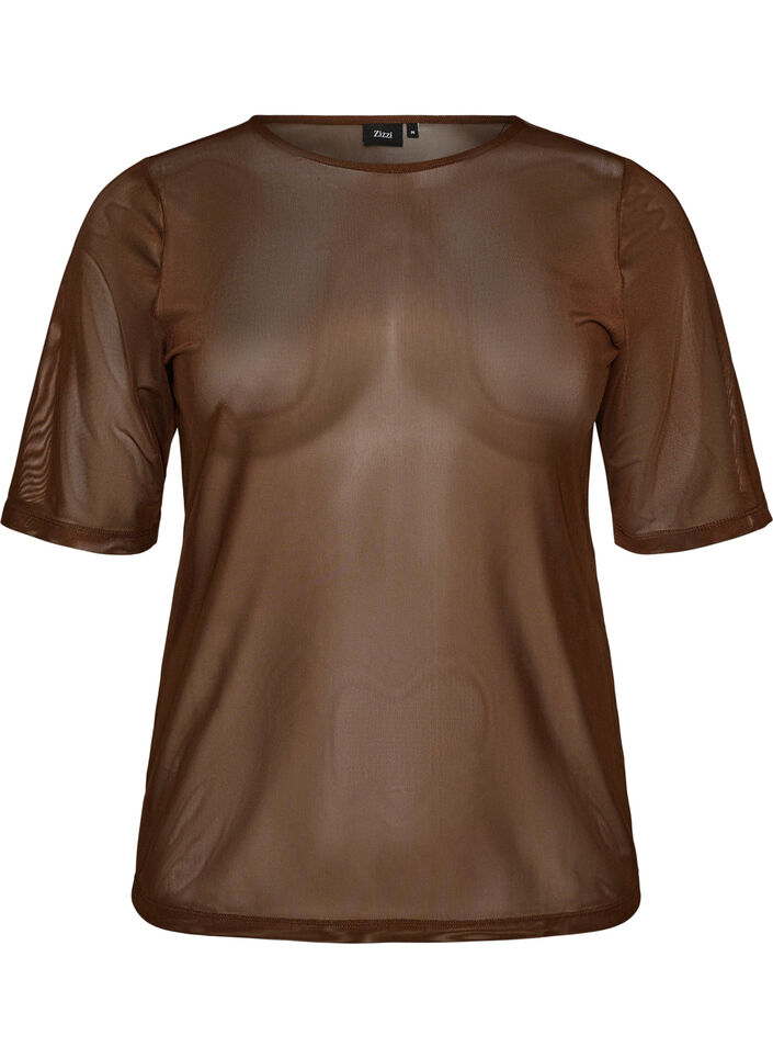 Mesh top met korte mouwen en ronde hals, Bruin, Packshot image number 0