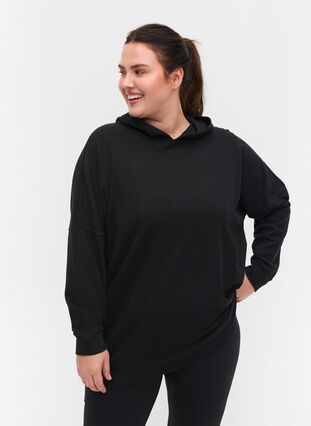 Katoenen sweatshirt met capuchon en high-low effecet, Black, Model image number 0