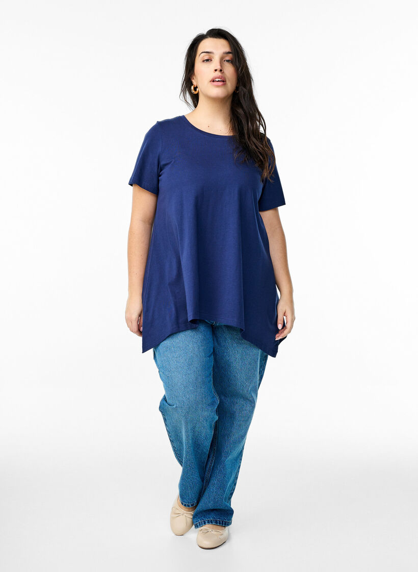 T-shirt &agrave; col rond et coupe &eacute;vas&eacute;e, Bleu, Model image number 1