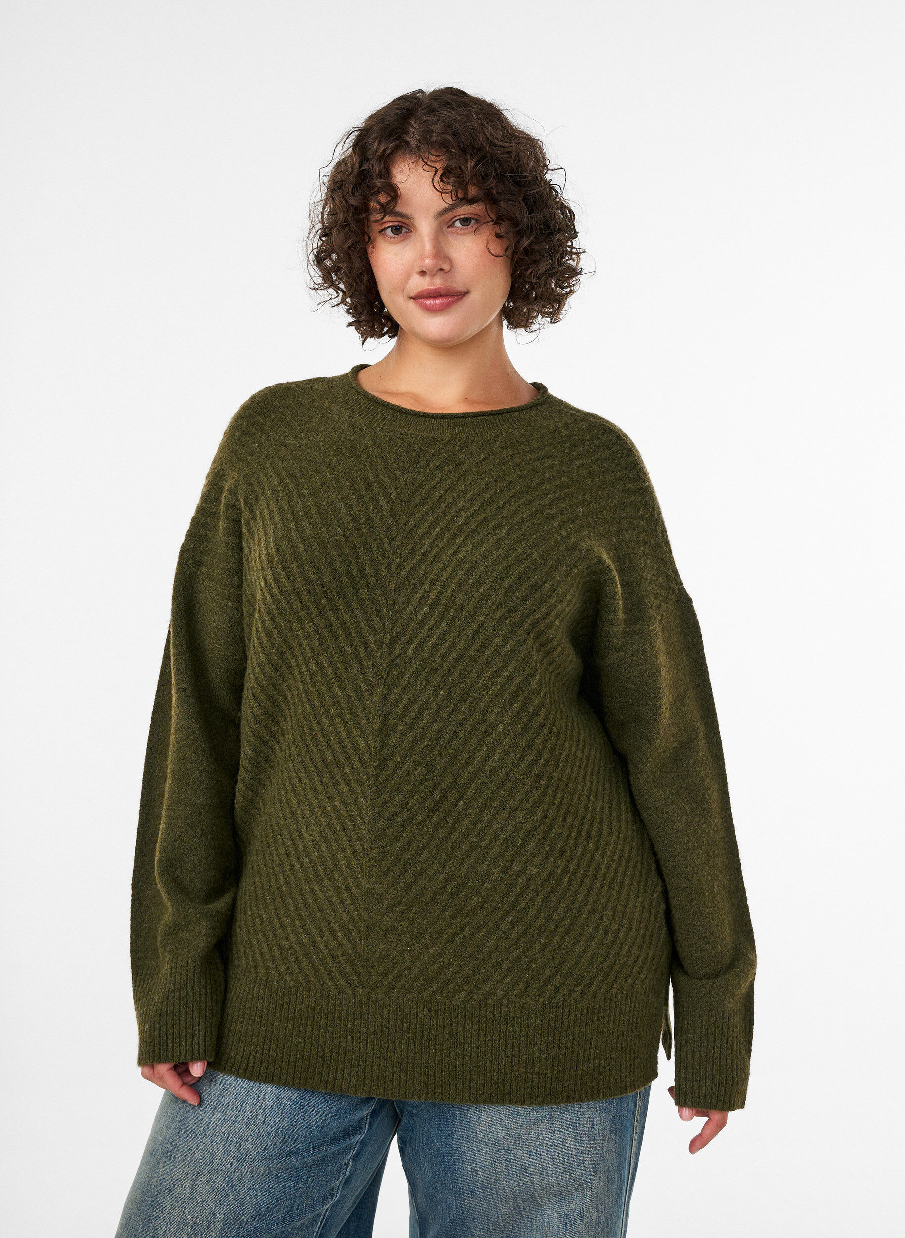 ZizziGebreide blouse met V-vormig geribd patroon en zijsplitjes, Groen, Model image number 0