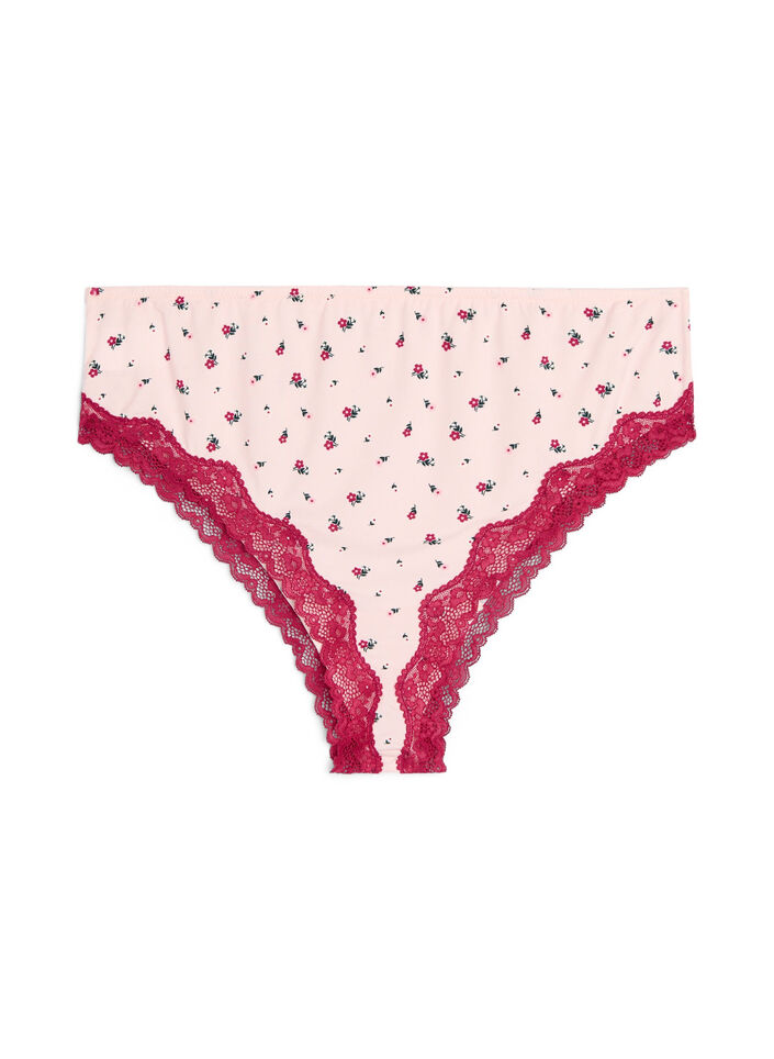 Brazilian slip met bloemenprint en kant, Roze, Packshot image number 1