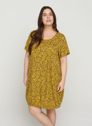 Viscose jurk met print en korte mouwen , Yellow Ditsy Flower, Model image number 0