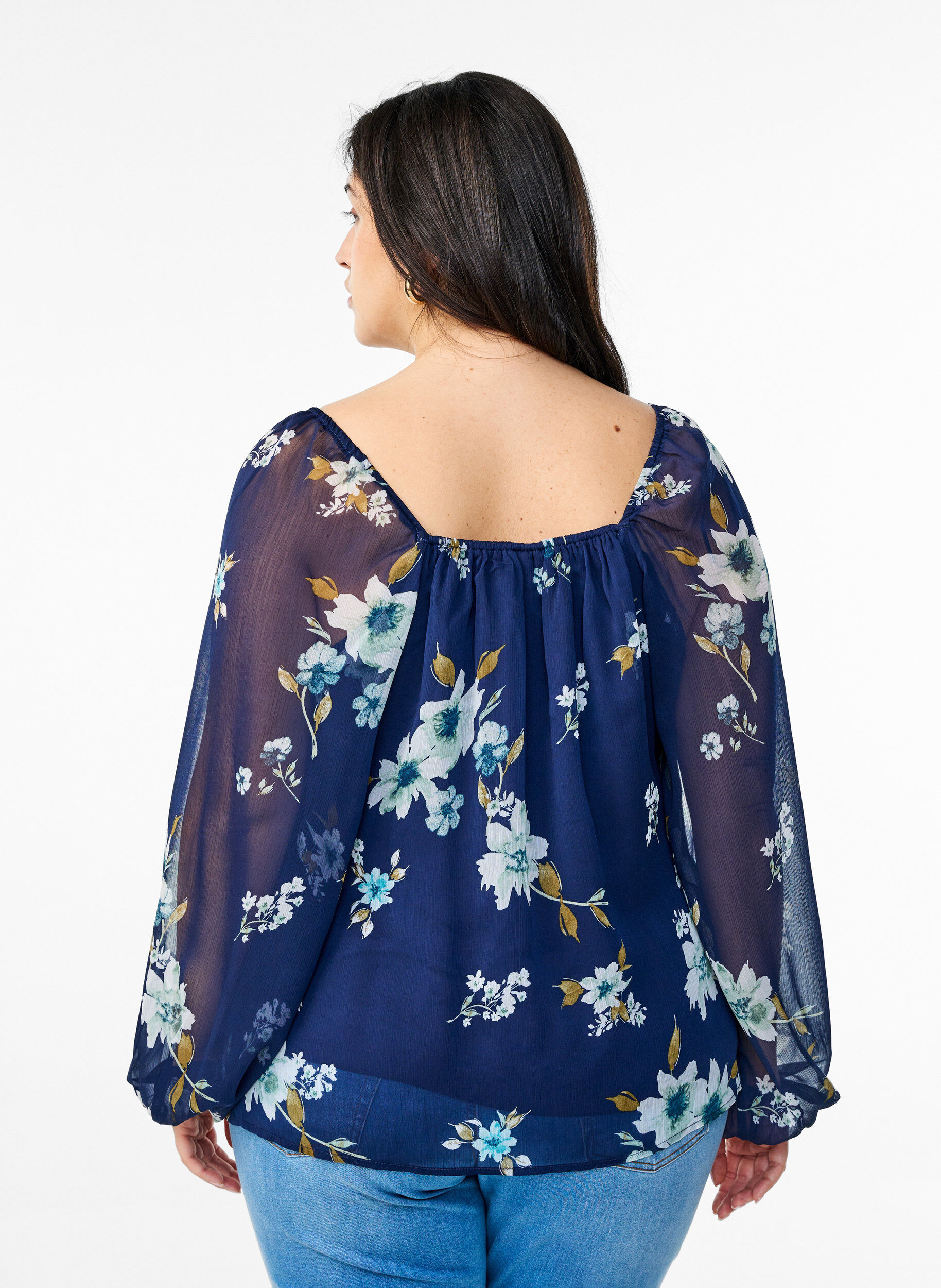 ZizziChiffon blouse met bloemenprint en lange mouwen, Blauw, Model image number 2