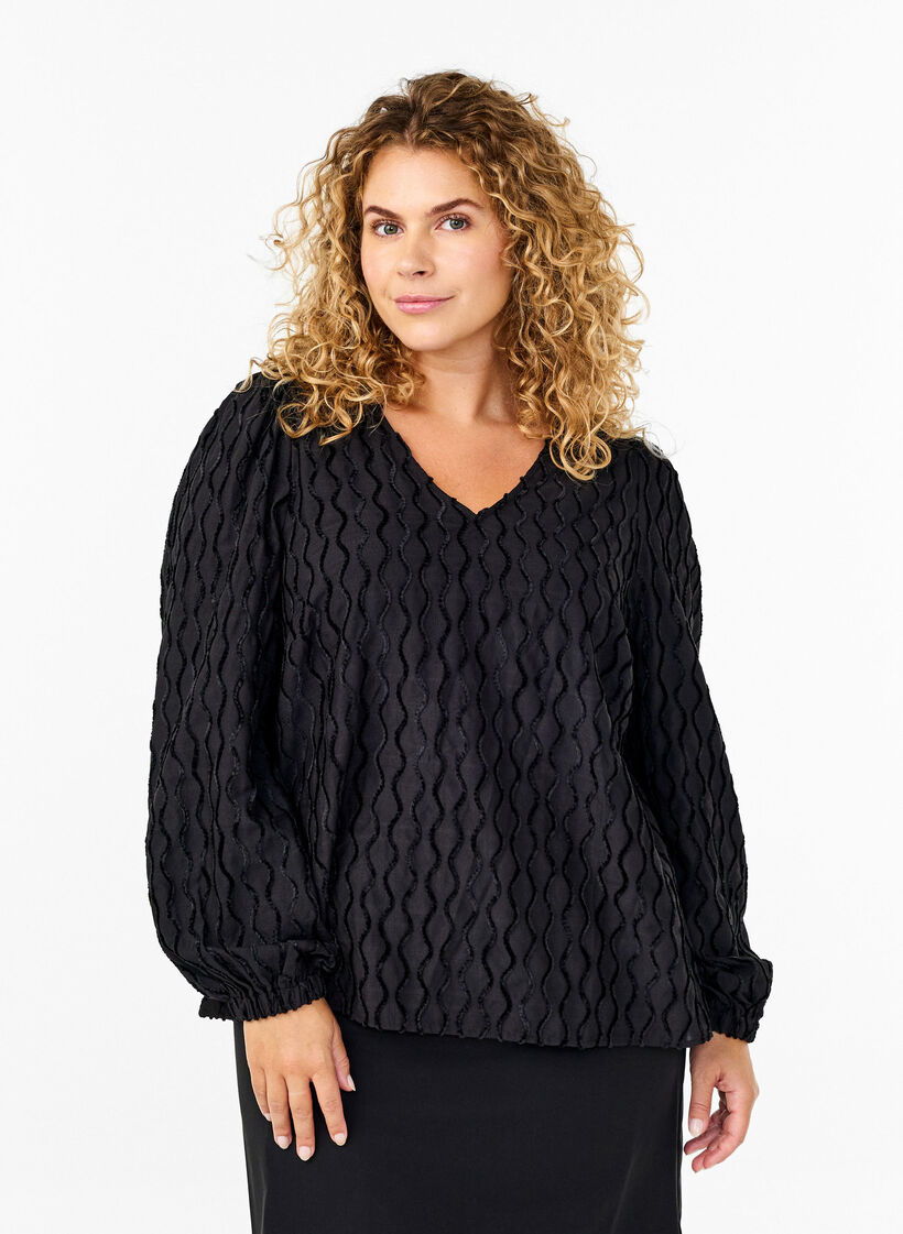 Lange mouwen blouse met patroon en V-hals, Black, Model image number 0