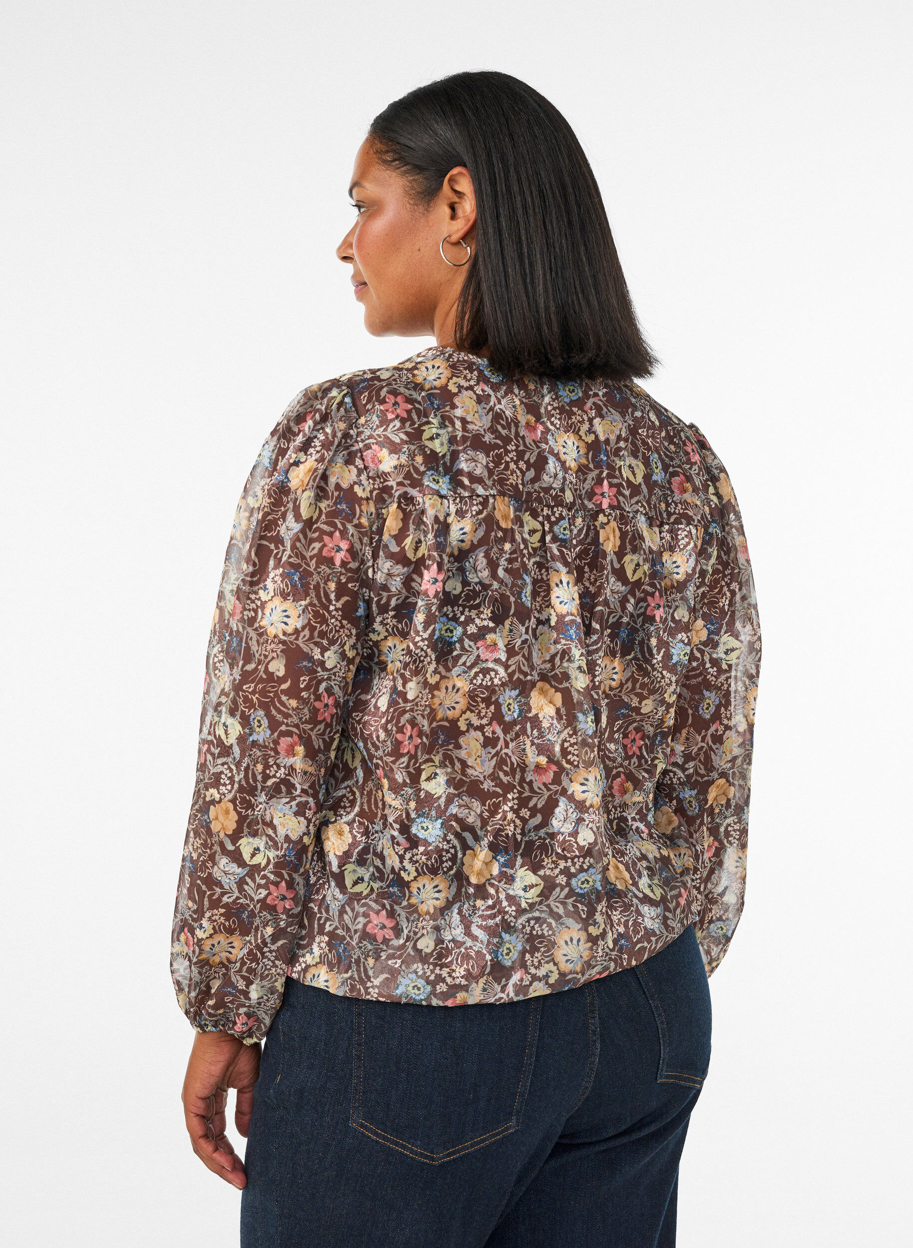 ZizziBlouse &agrave; imprim&eacute; floral et manches ballon, Marron, Model image number 2