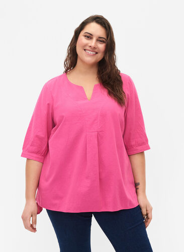FLASH - Katoenen blouse met halflange mouwen, Raspberry Rose, Model image number 0