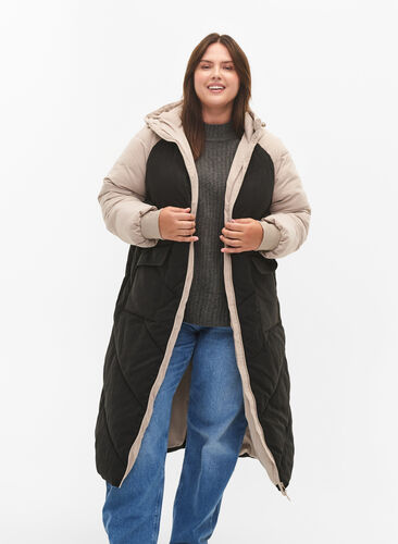 Veste d'hiver longue à capuche avec blocs de couleurs, Black Comb, Model image number 2