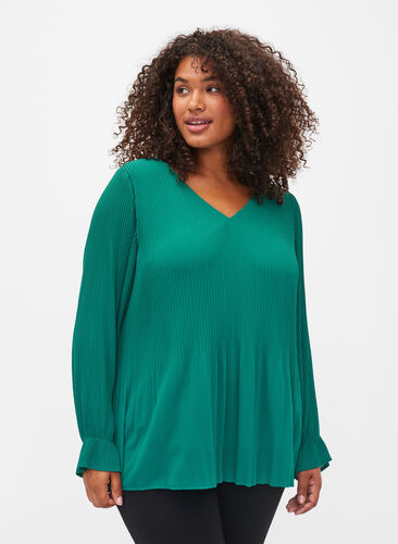 Geplooide blouse met v-hals, Evergreen, Model image number 0