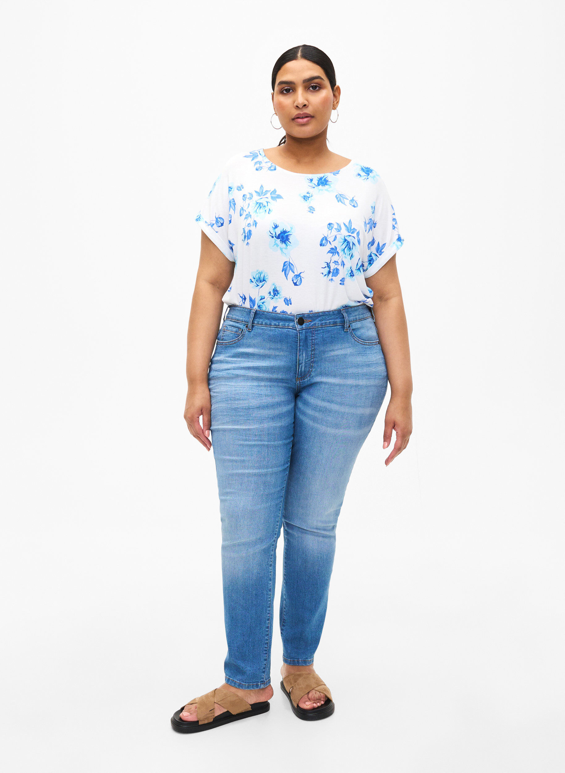 ZizziViscose blouse met korte mouwen en bloemen, White Blue AOP, Model image number 2