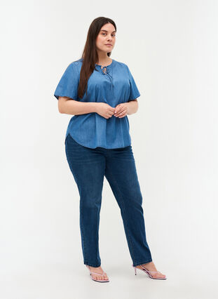 Blouse en jean à manches courtes en coton, Medium Blue Denim, Model image number 2
