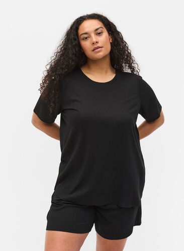 T-shirt à manches courtes en qualité côtelée, Black, Model image number 0