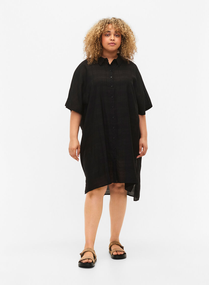 Lang hemd van viscose met structuur, Black, Model image number 2