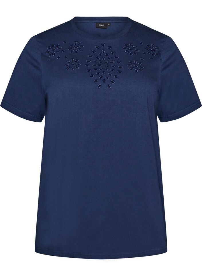 T-shirt en coton biologique avec broderie ajour&eacute;e, Bleu, Packshot image number 0