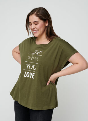 T-shirt en coton à manches courtes avec imprimé, Ivy green w. Love, Model image number 0