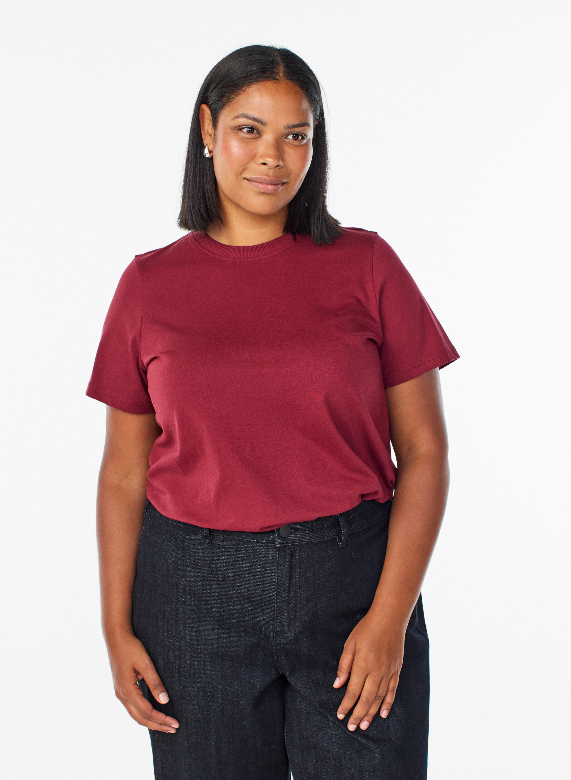 Basic katoenen T-shirt met ronde hals, Donker Bordeaux, Model