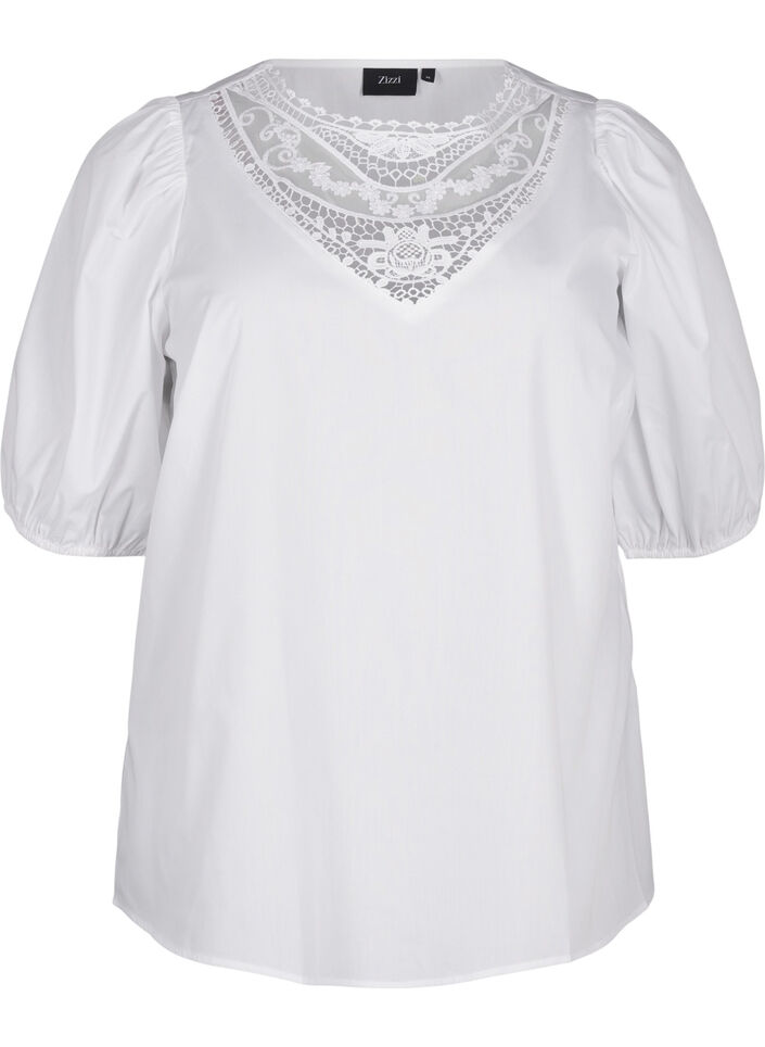 Blouse met korte mouwen en kant detail, Bright White, Packshot image number 0