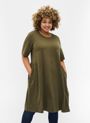 Katoenen jurk met korte mouwen en plooi, Ivy Green, Model image number 0