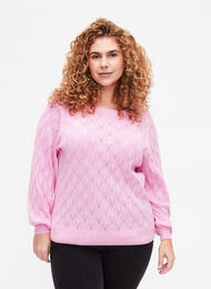 Pullover met gatenpatroon en boothals	, Begonia Pink, Model