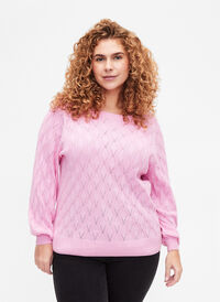 Pullover met gatenpatroon en boothals	, Begonia Pink, Model