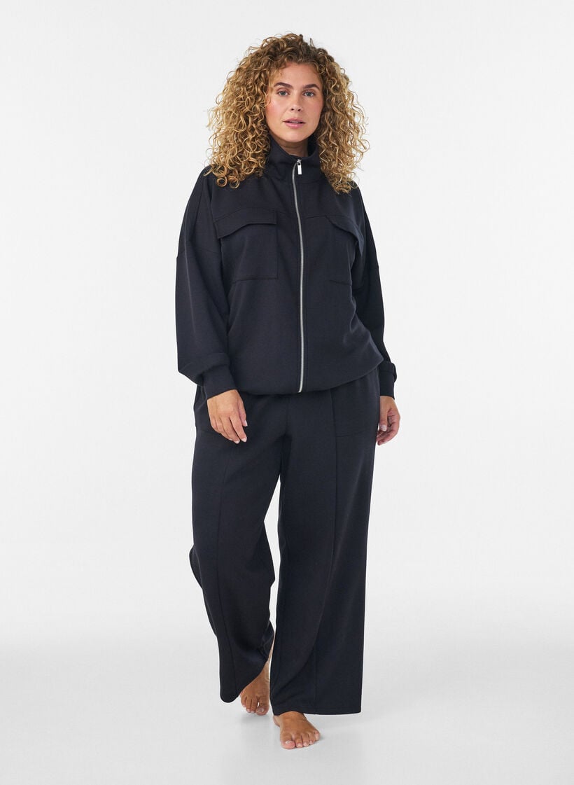 Pantalon ample en jersey taille haute avec poches, Noir, Model image number 0