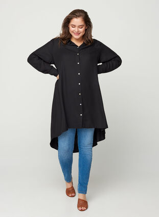 lange blouse in viscose met knoopsluiting, Black, Model image number 0