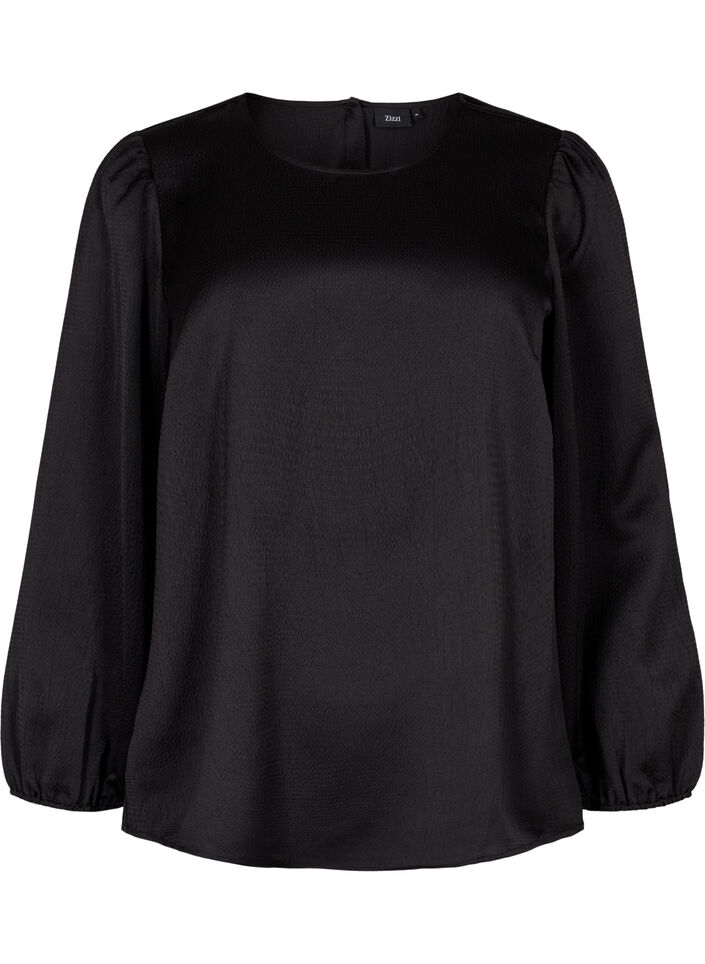 Blouse met lange mouwen en ronde hals, Black, Packshot image number 0
