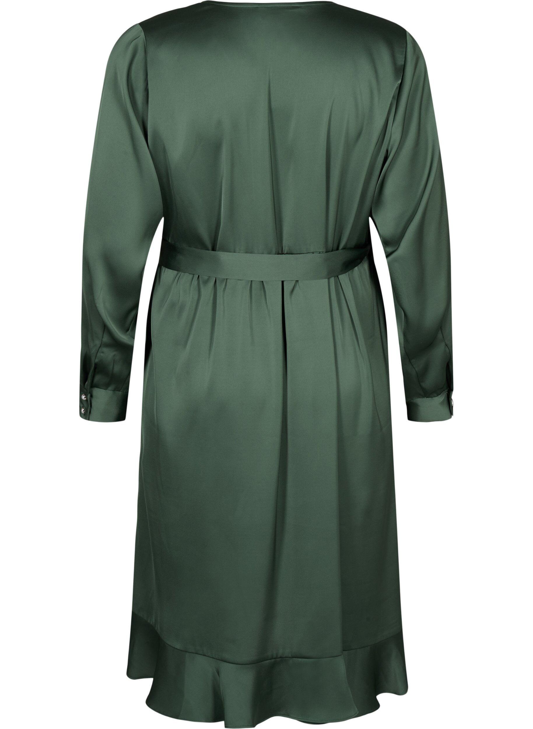 Zizzi Robe portefeuille en satin &agrave; manches longues, Duck Green, Packshot image number 1
