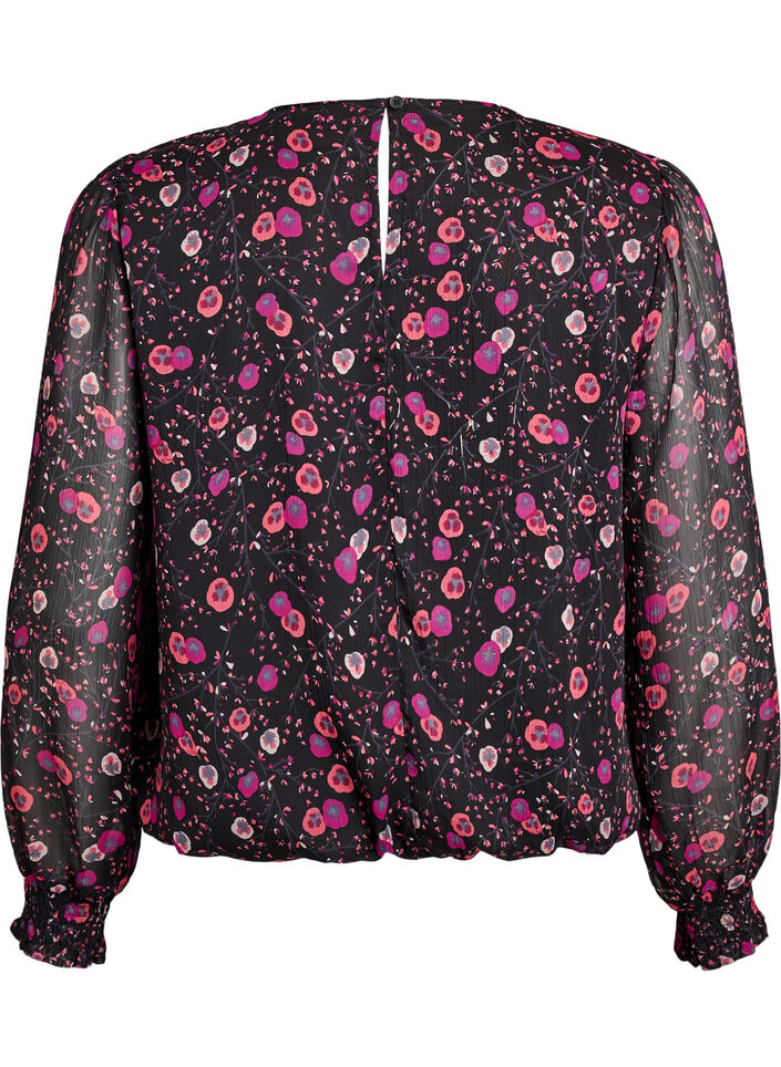 Chiffon blouse met bloemenprint en sheer mouwen, Zwart, Packshot image number 1