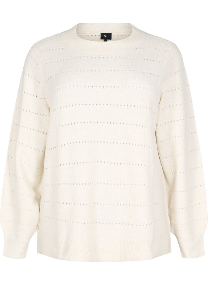 Gebreide blouse met ronde hals en kantpatroon, Birch Mel., Packshot image number 0