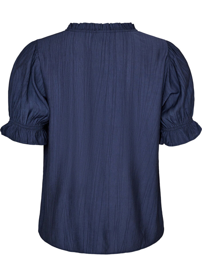 Blouse en m&eacute;lange de viscose froiss&eacute; avec un col en V, Bleu, Packshot image number 1