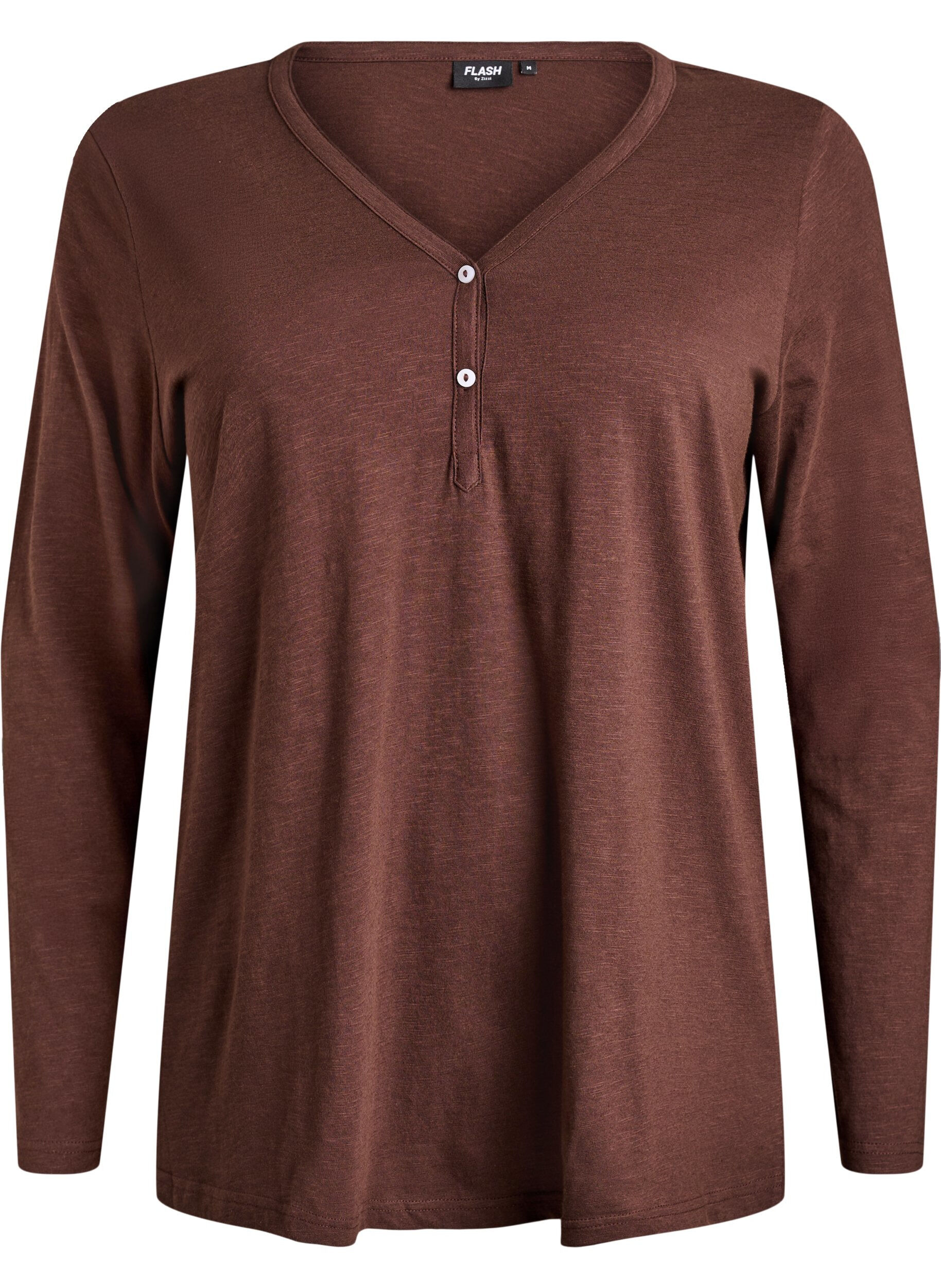ZizziT-shirt met lange mouwen, V-hals en knopen, Bruin, Packshot image number 0