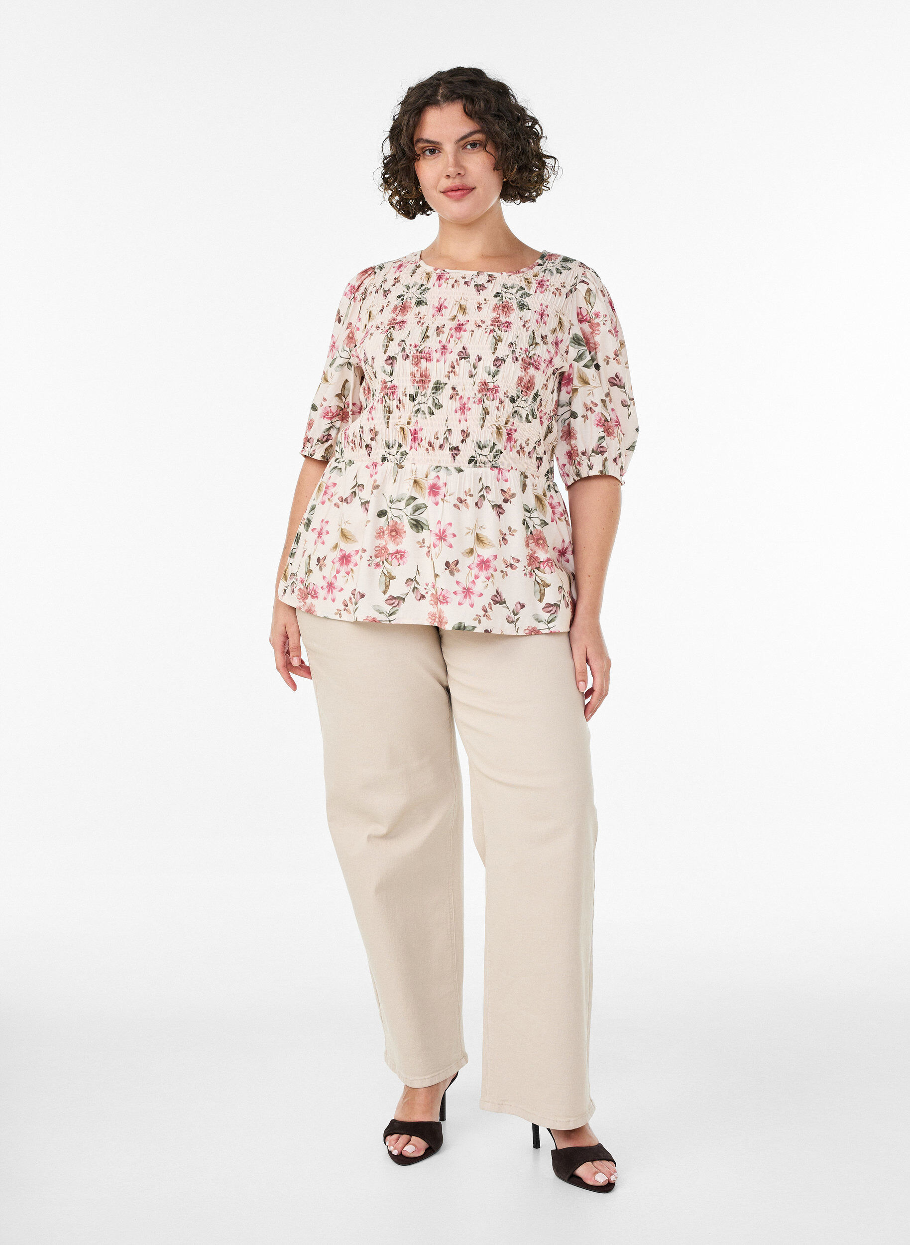 ZizziBlouse en viscose avec smocks et effet p&eacute;plum, Vanille, Model image number 1