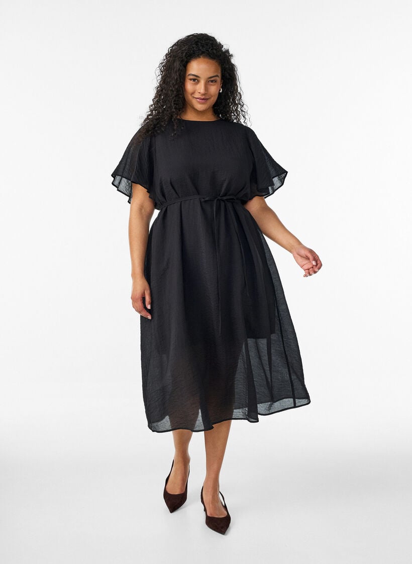 Robe longue avec manches papillon et taille &agrave; nouer, Noir, Model image number 0