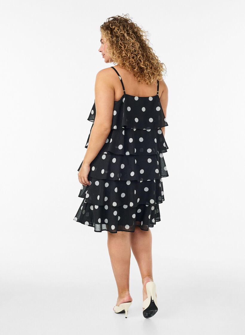 Gelaagde jurk met ruches en spaghettibandjes, Zwart, Model image number 2