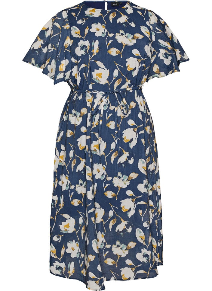 Enkellange jurk met vlindermouwen en strikceintuur, Blauw, Packshot image number 0