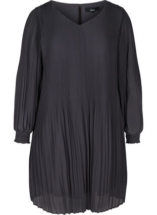 plissé jurk met v-hals en a-lijn, Asphalt ASS, Packshot image number 0