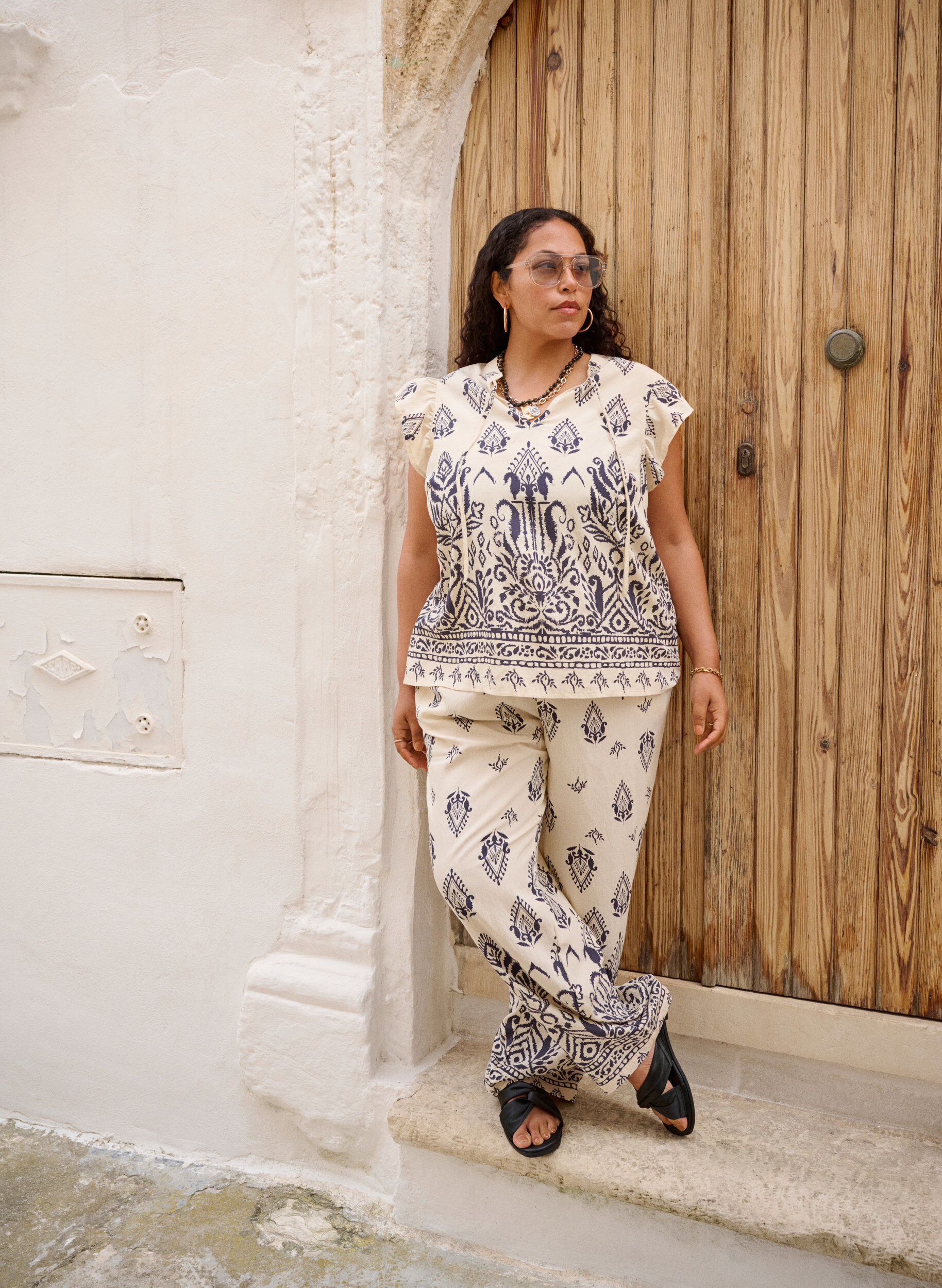 ZizziLosse broek met print en hoge taille, Beige, Image image number 0