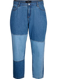 Mille mom fit-jeans met colorblock en hoge taille, Light Blue Denim, Packshot