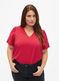 Viscose blouse met korte mouwen en borduursel, Tango Red, Model