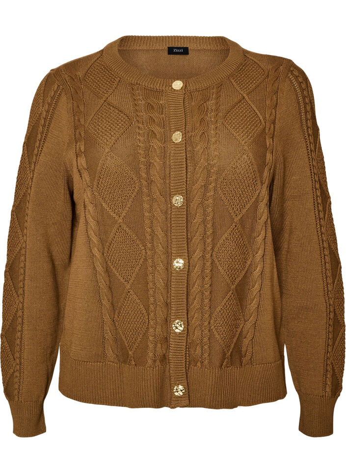 Cardigan en maille torsad&eacute;e avec boutons d&eacute;coratifs, Marron, Packshot image number 0
