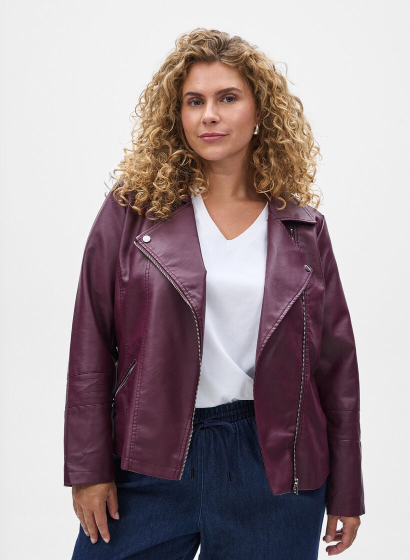 Imitatieleer bikerjack, Donker Bordeaux, Model image number 0