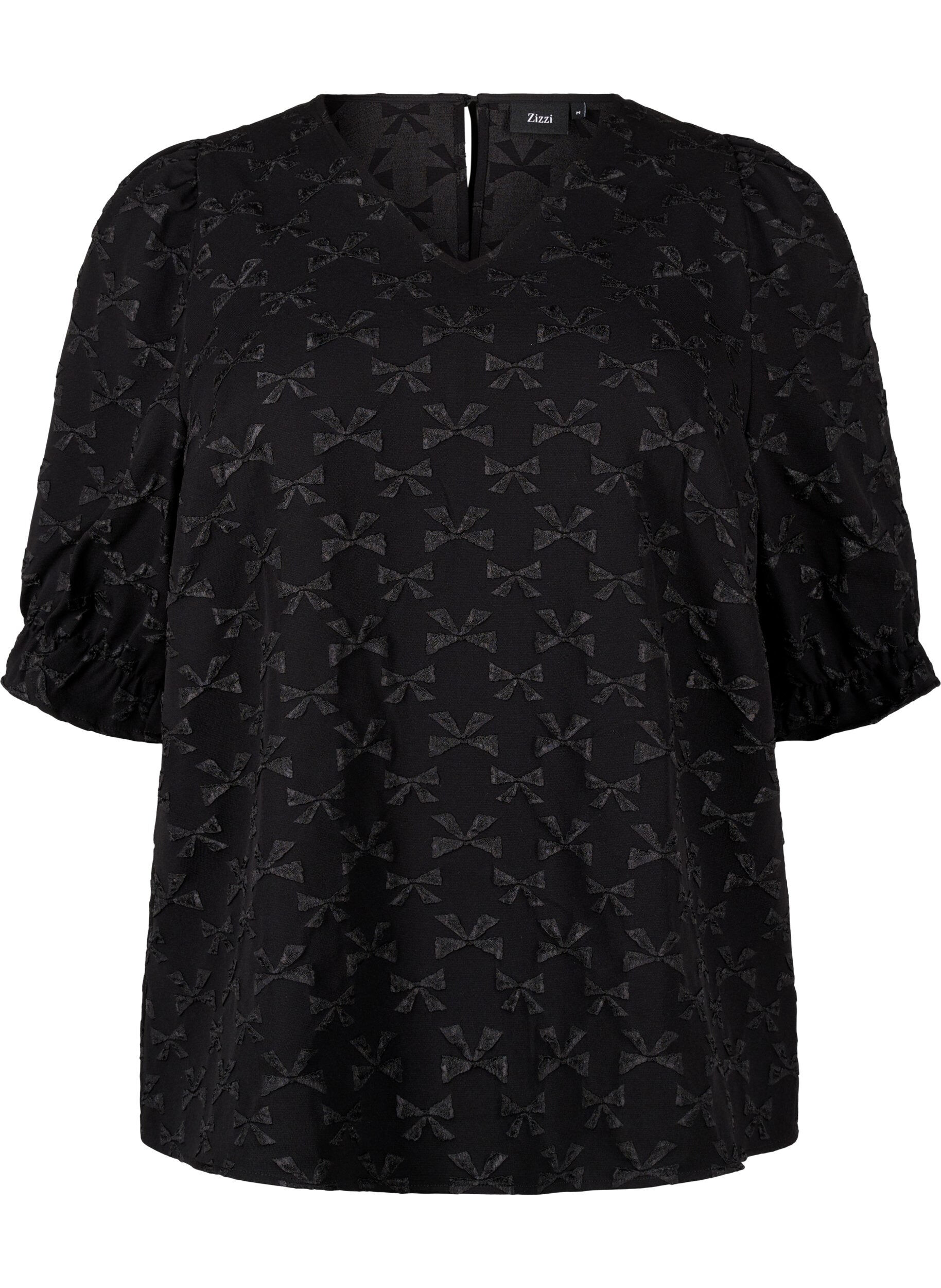 ZizziJacquard blouse met korte mouwen en strikjes, Black W. Bow, Packshot image number 0