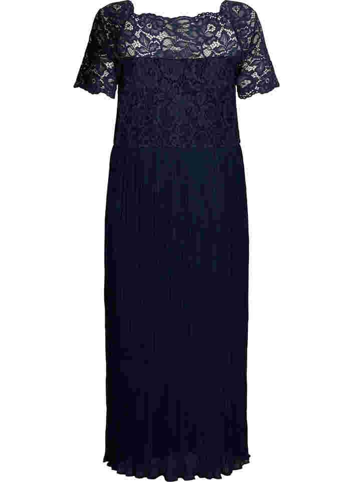 Maxi-jurk met korte mouwen, plissé en kant, Night Sky, Packshot image number 1